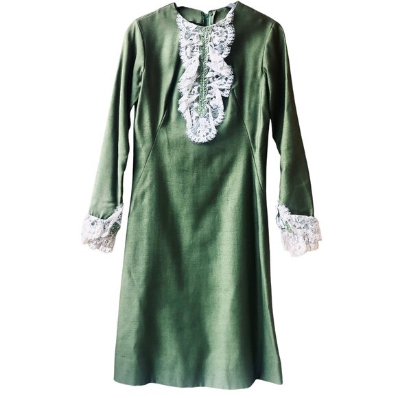 Vintage 60's Green Dress with Lace Handmade Edwardian MOD Cos Play XS XXS - Picture 11 of 16